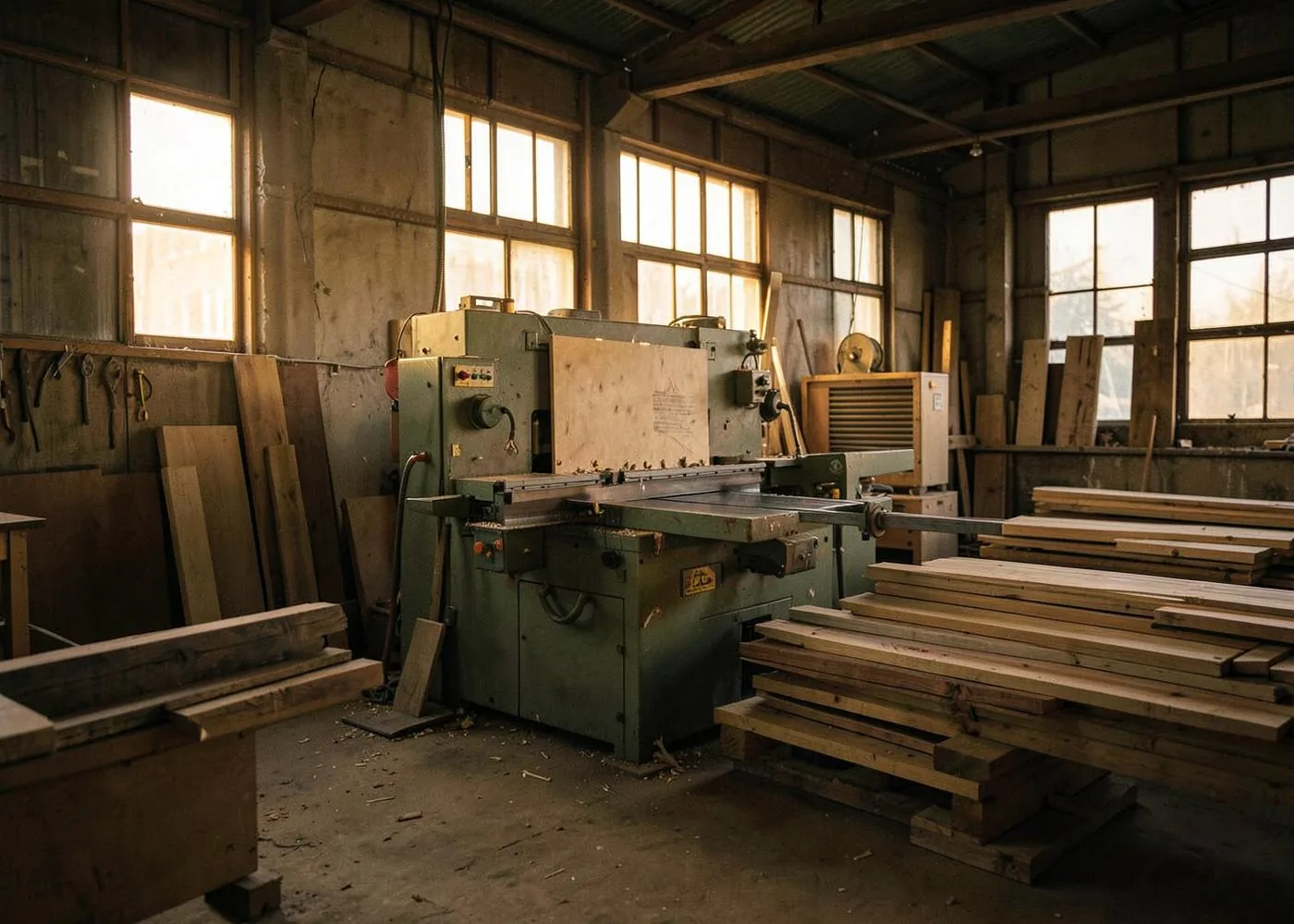 Werkstatthalle der Schreinerei Stolz mit Maschinen und gelagertem Holz