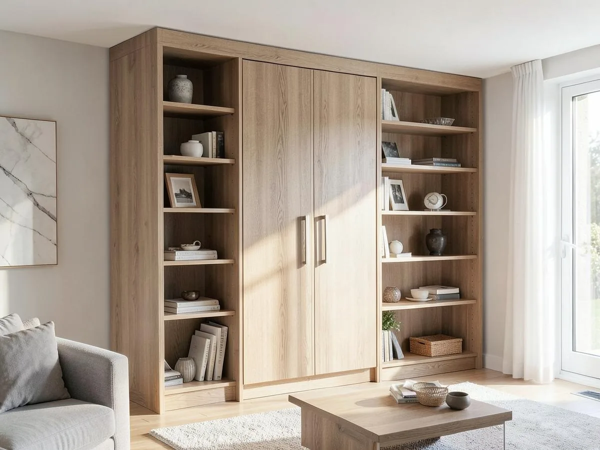 Eingebauter Schrank mit Regalfächern aus Eiche in einem Wohnraum