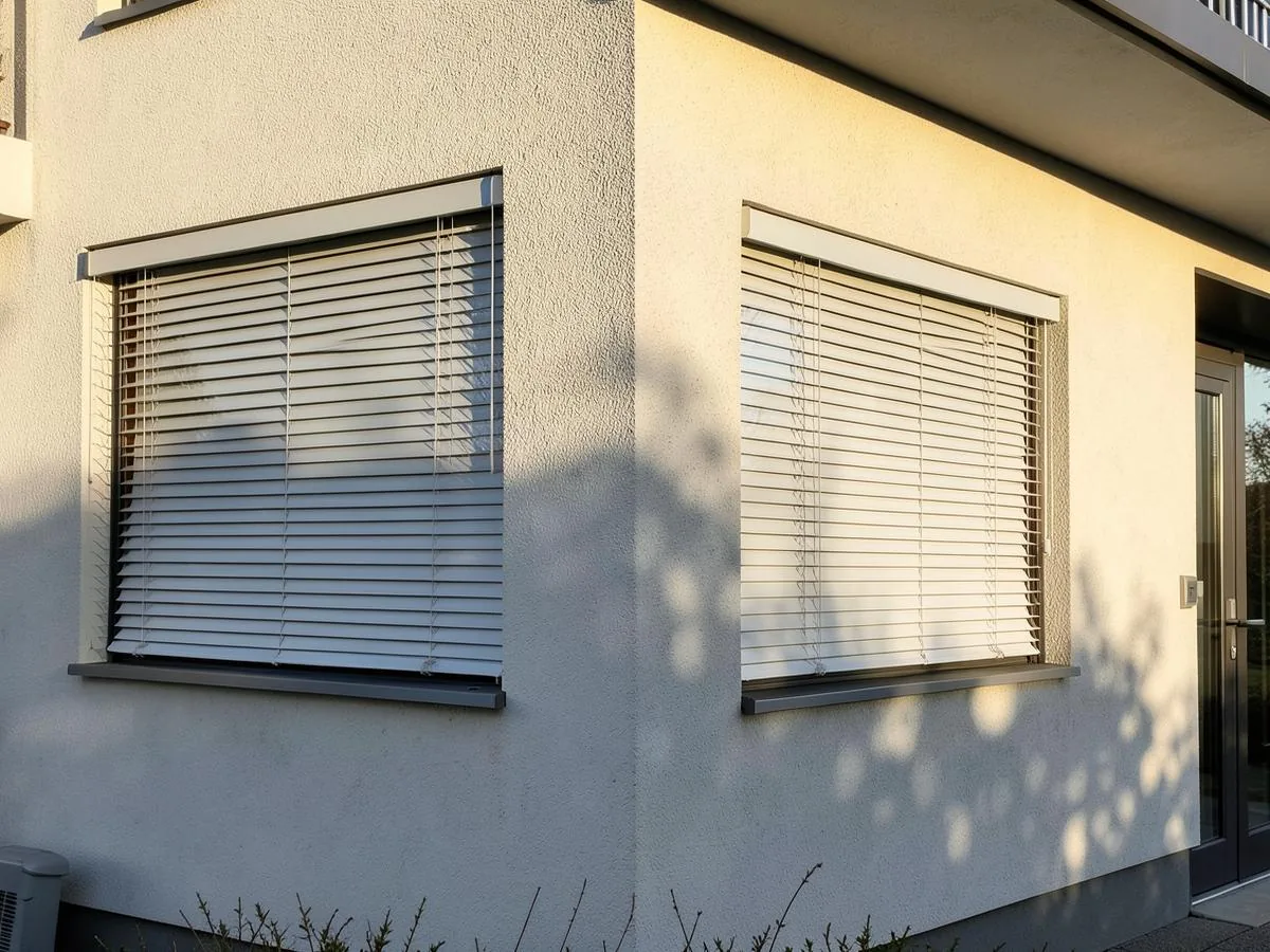 Außenjalousien an der Fassade eines Wohnhauses im Nachmittagslicht